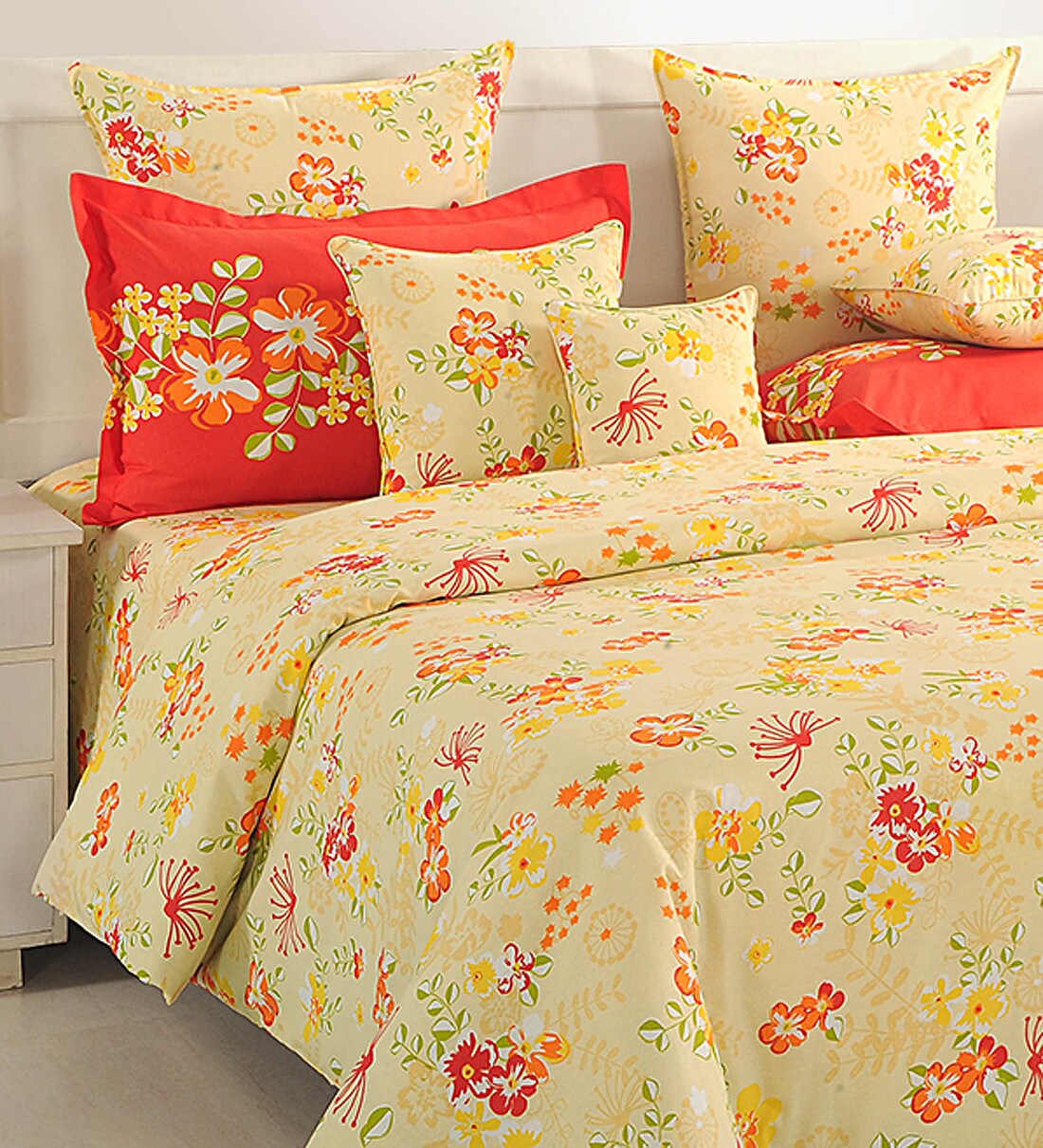 Buy Orange Floral 144 TC Cotton Queen Sized Bed Sheets with 2 Pillow
