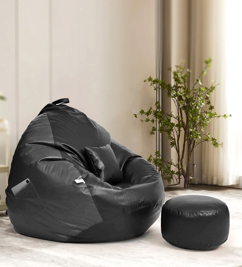Squivo 4XL Leatherette Bean Bag Filled With Beans With Footrest, Cushion & Pocket In Black & Grey Colour