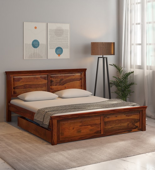 Buy Stanfield Sheesham Wood Queen Size Bed In Honey Oak Finish With ...