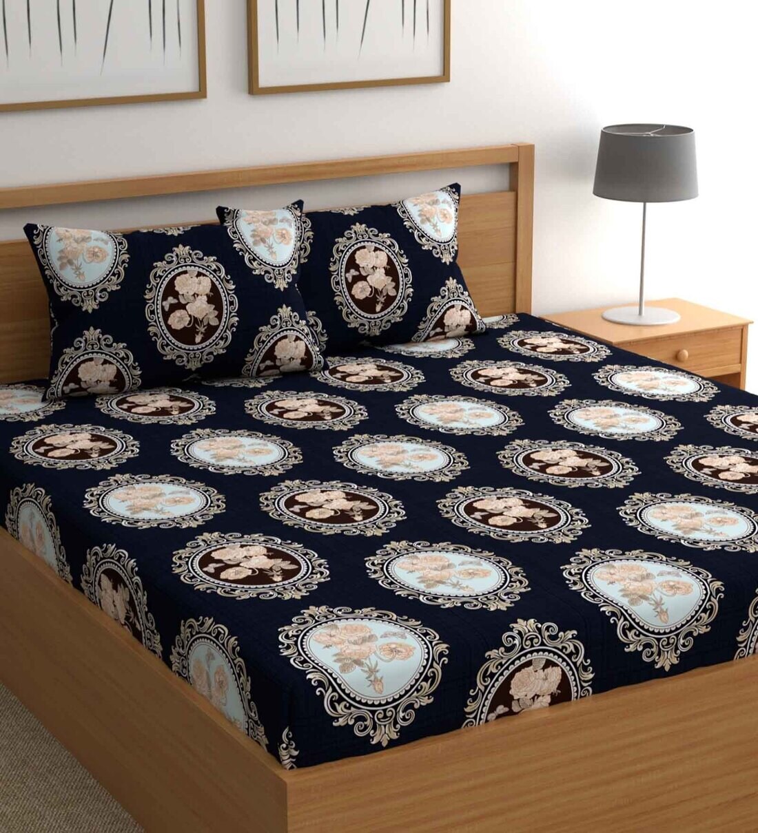 Buy Navy Blue Abstract 210 TC Microfiber Queen Sized Bed Sheets with 2 Pillow Covers by Chhavi