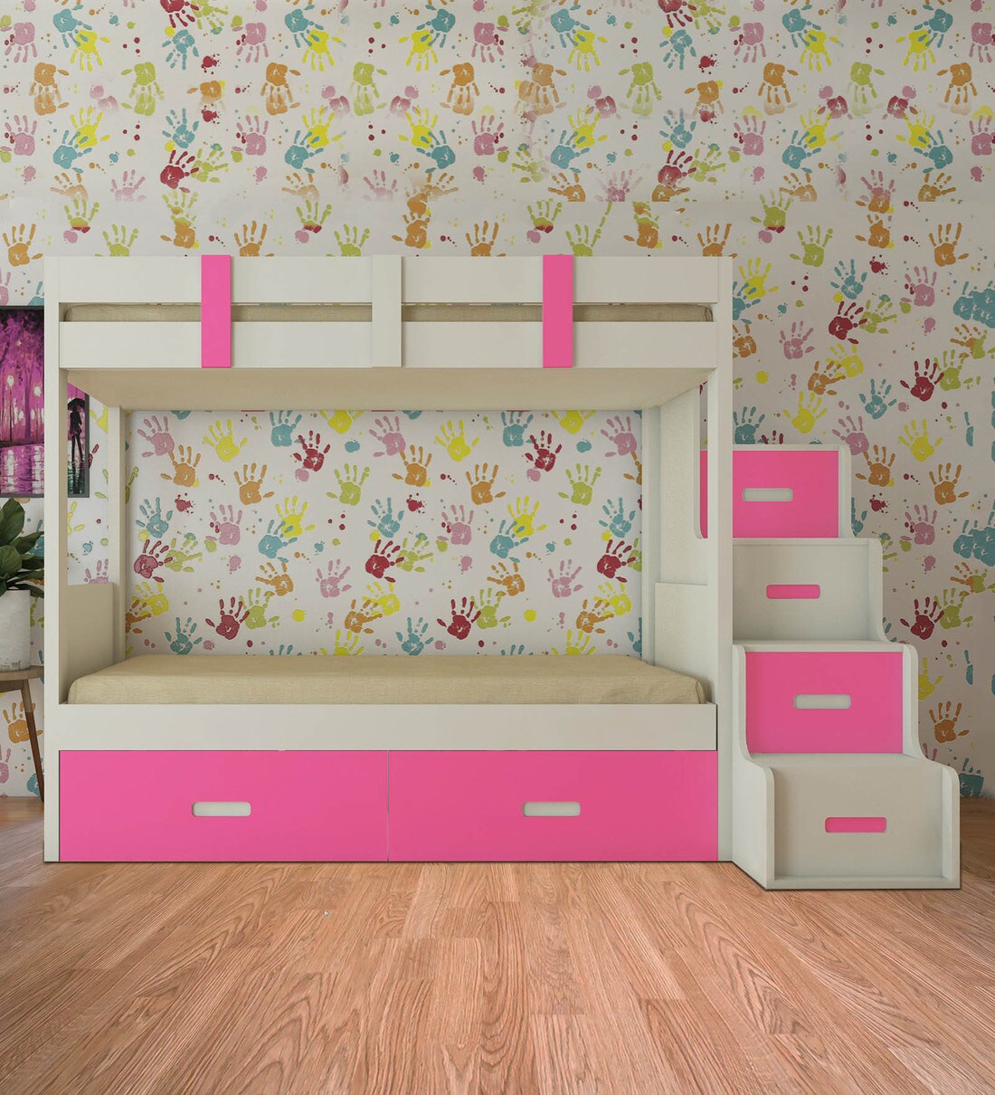 Buy Suvina Bunk Bed in Pink Colour with Drawer Storage Online Bunk
