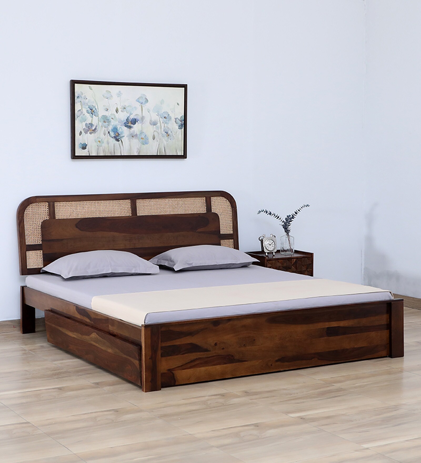 Buy Sunburst Cane & Sheesham Wood Queen Size Bed With Drawer Storage in ...