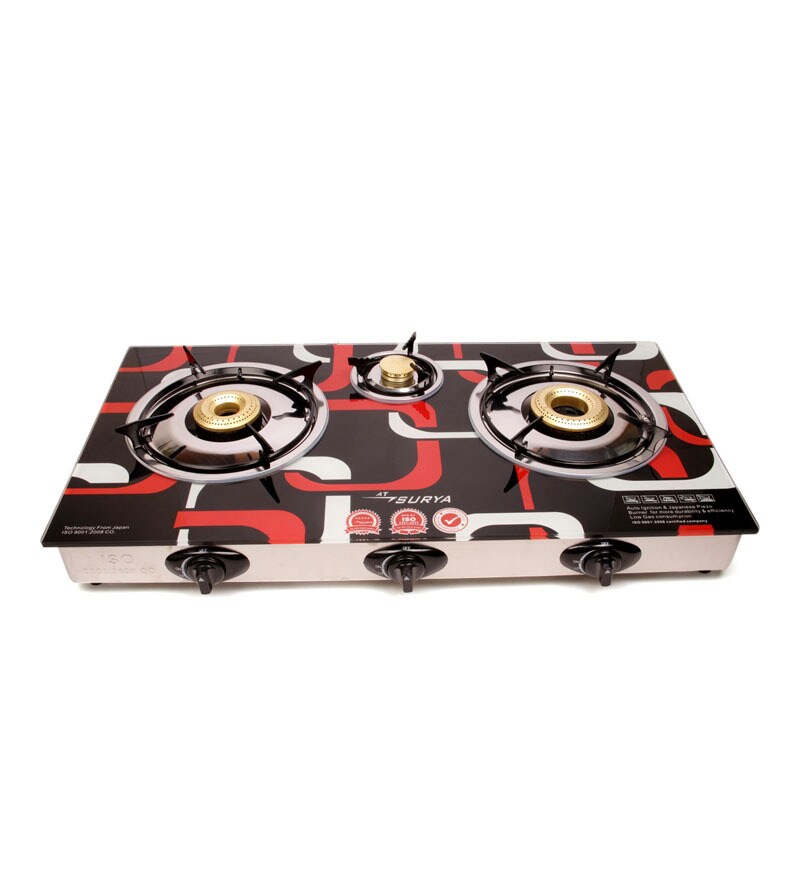 Surya 3 Burner Gas Stove With Auto Ignition Red And White Square Shapes