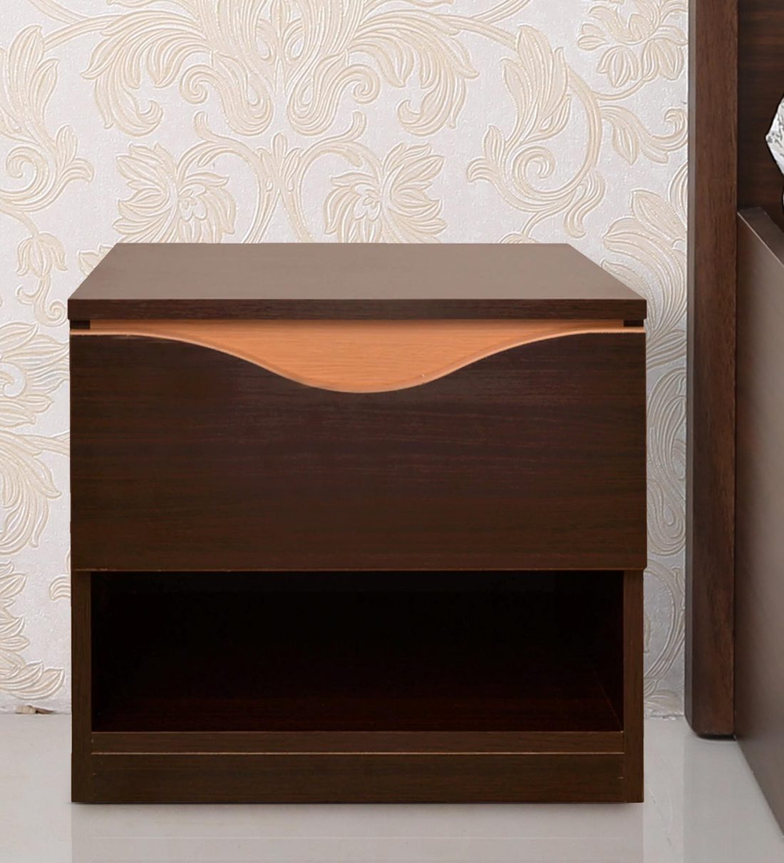 Buy Swirl Bedside Table in Brown Finish with Drawer Online