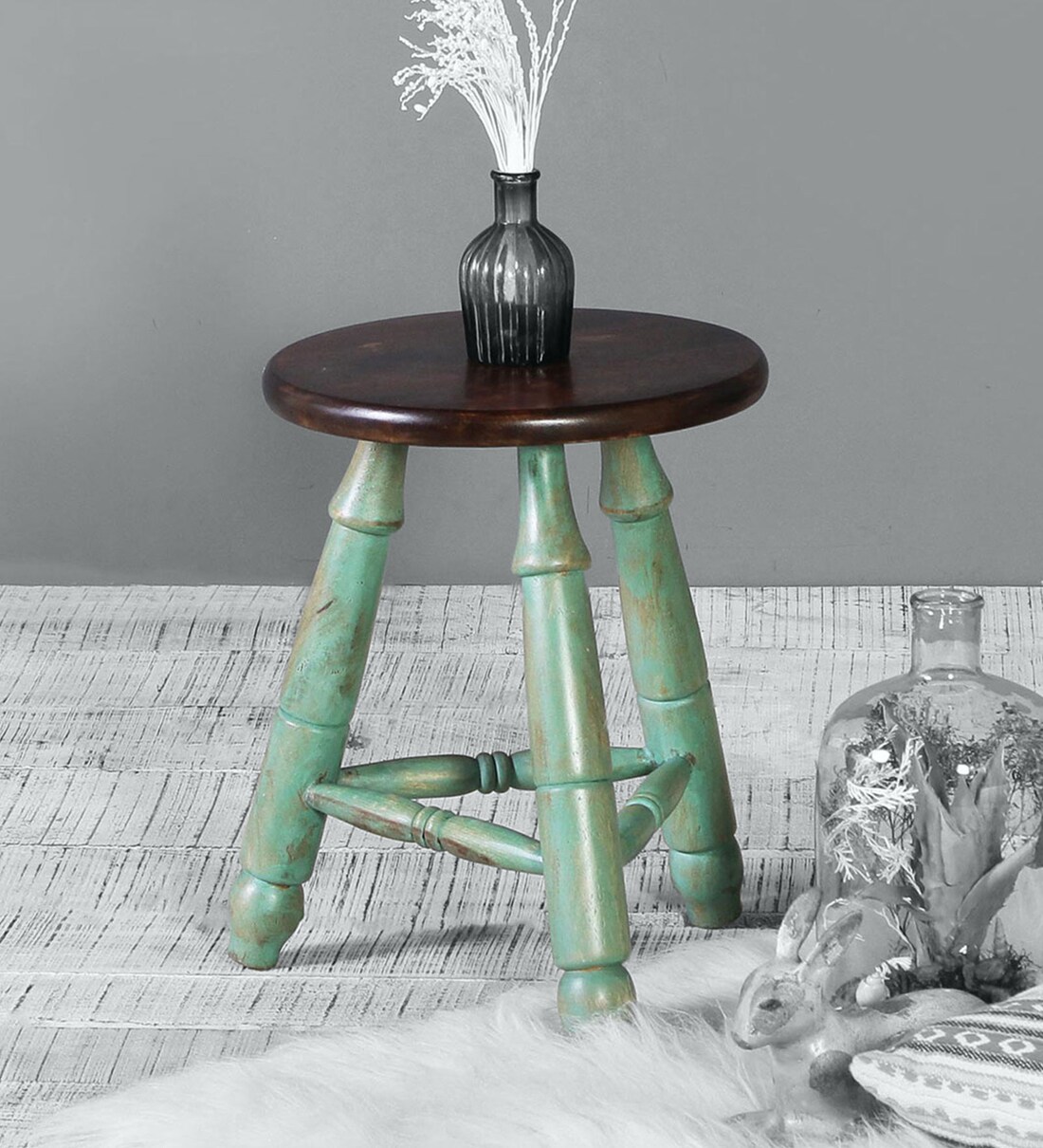 Buy Sydney Solid Wood Seating Stool in Walnut & Vintage Green Colour at