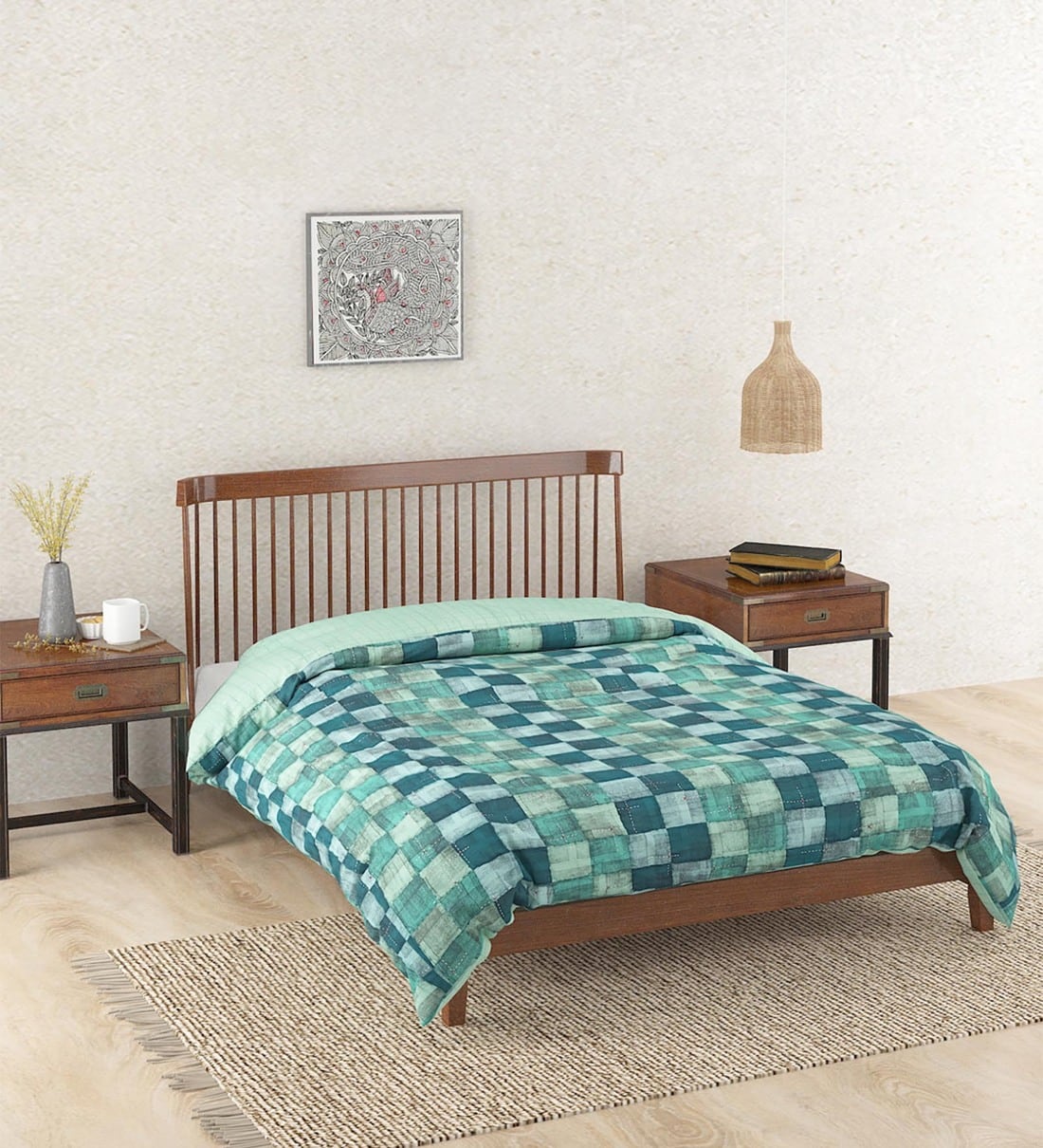 Buy Teal Cotton 140 GSM Double Bed Quilt by Fabindia Online Double