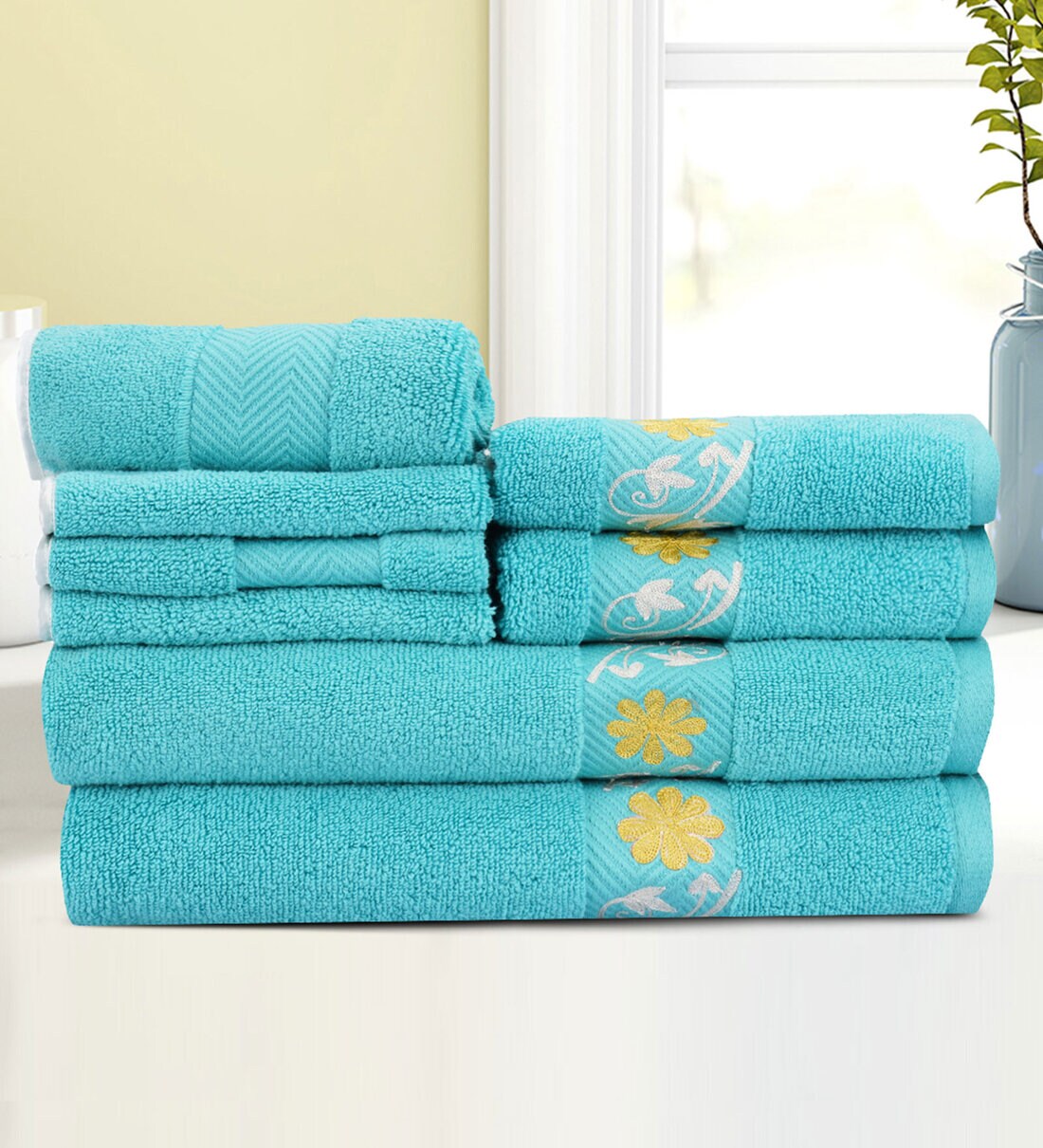 Buy Teal Cotton Patterned 500 GSM Towel Set 8 Pieces by Lush & Beyond