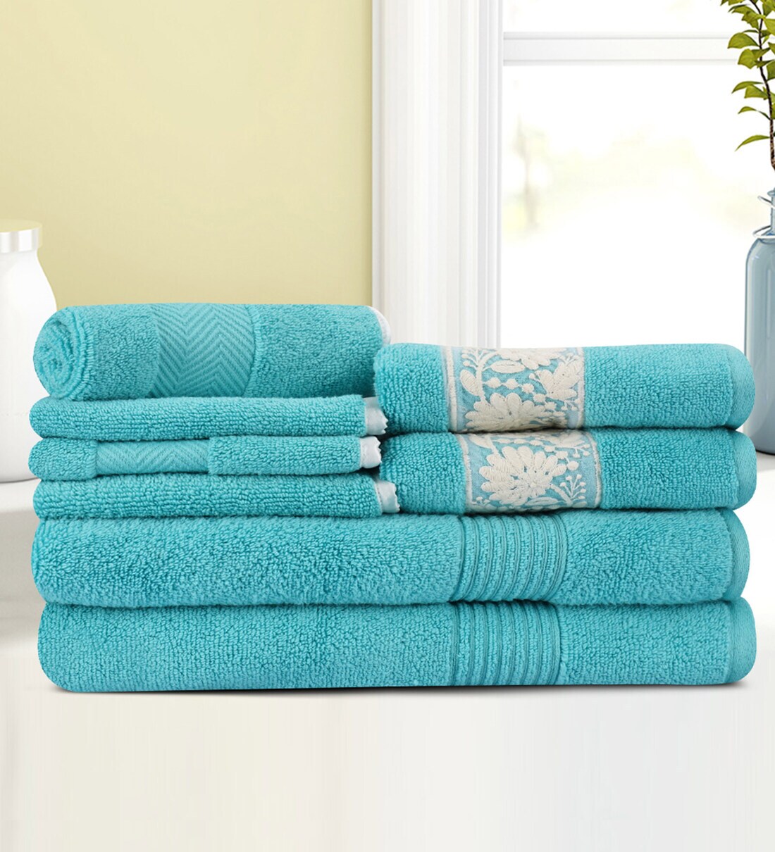 Buy Teal Cotton Solid 500 GSM Towel Set 8 Pieces by Lush & Beyond at 60 OFF by LUSH & BEYOND