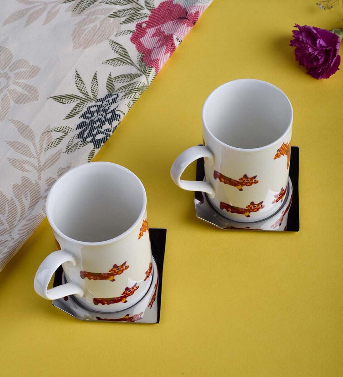 Buy Textile 400ml White & Brown Ceramic (Set of 2) Coffee Mug at 20