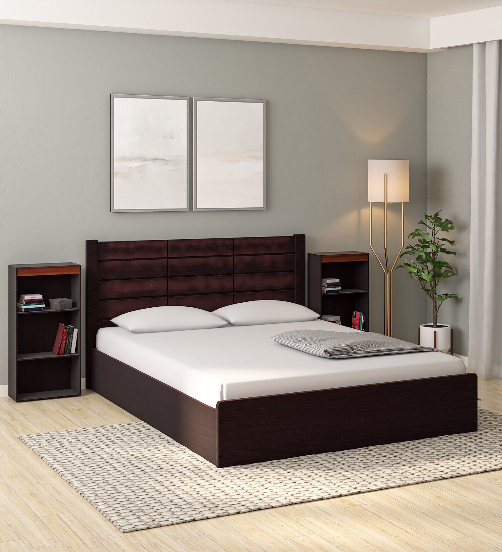 Buy Tetsu Queen Size Bed in Wenge Finish with Box Storage + Two Bedside