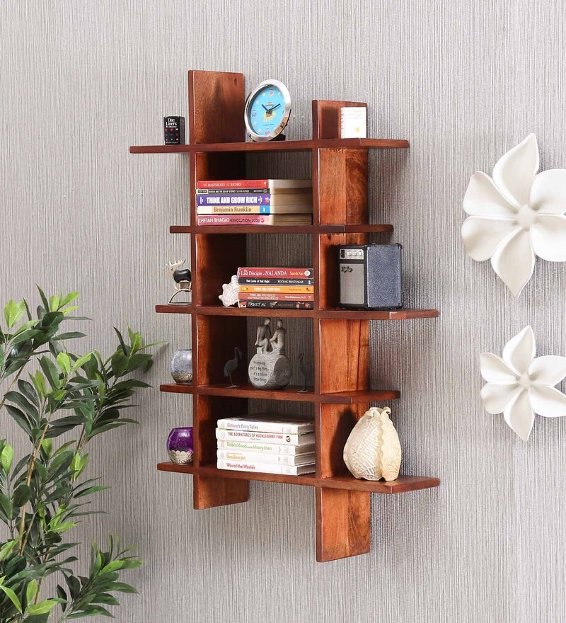 Buy Sheesham Wood Wall Shelf in Provincial Teak Finish by