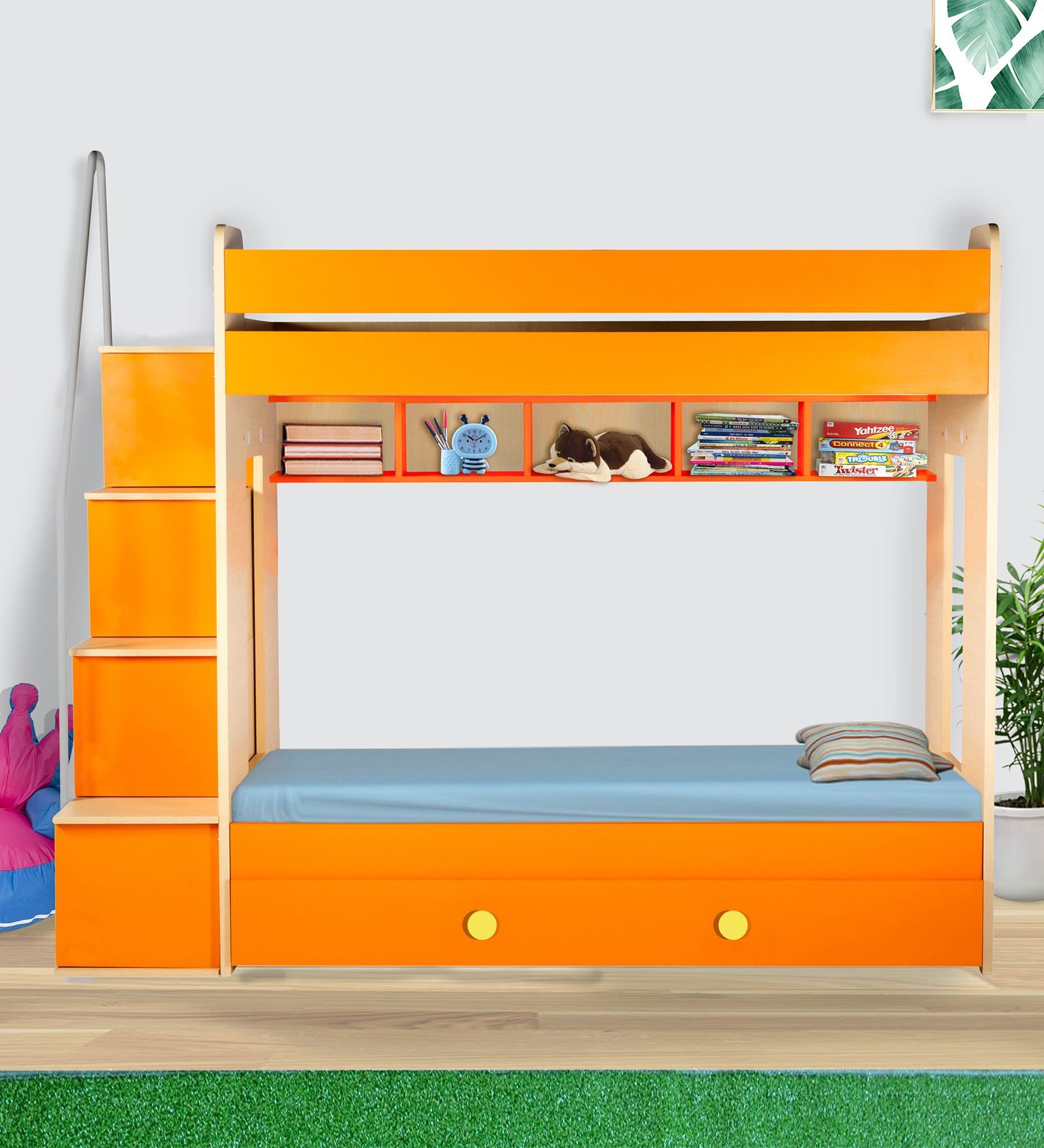 Buy Multi Bunk Bed In Orange Finish With Drawer Storage Online - Bunk 