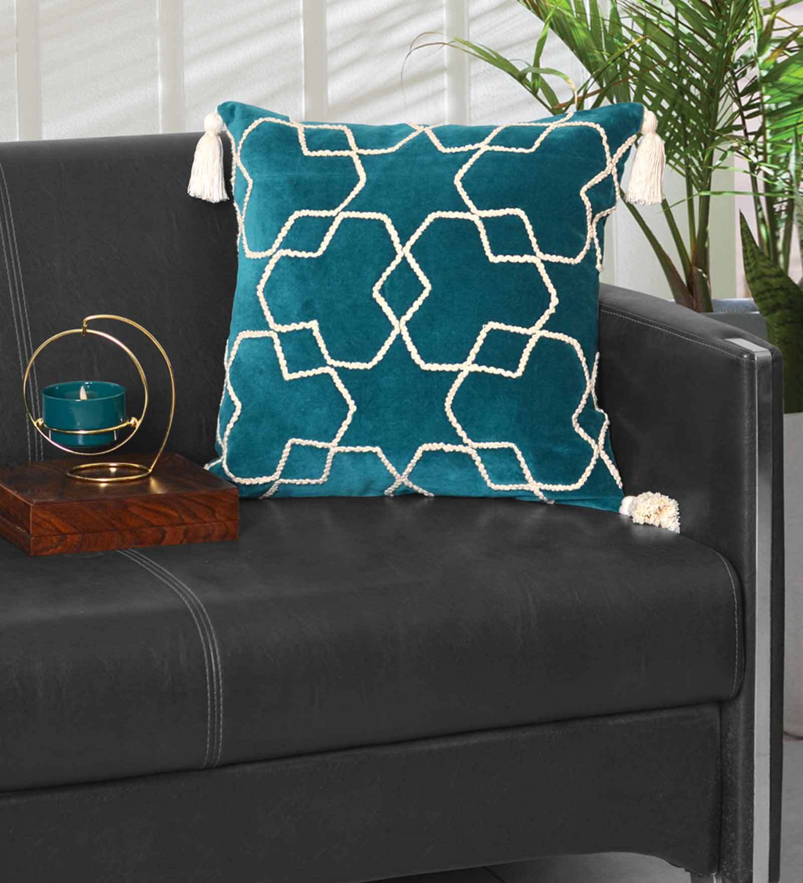 Buy Turquoise Blue Geometric Cotton 18 x 18 Inches Cushion Cover by Ode ...