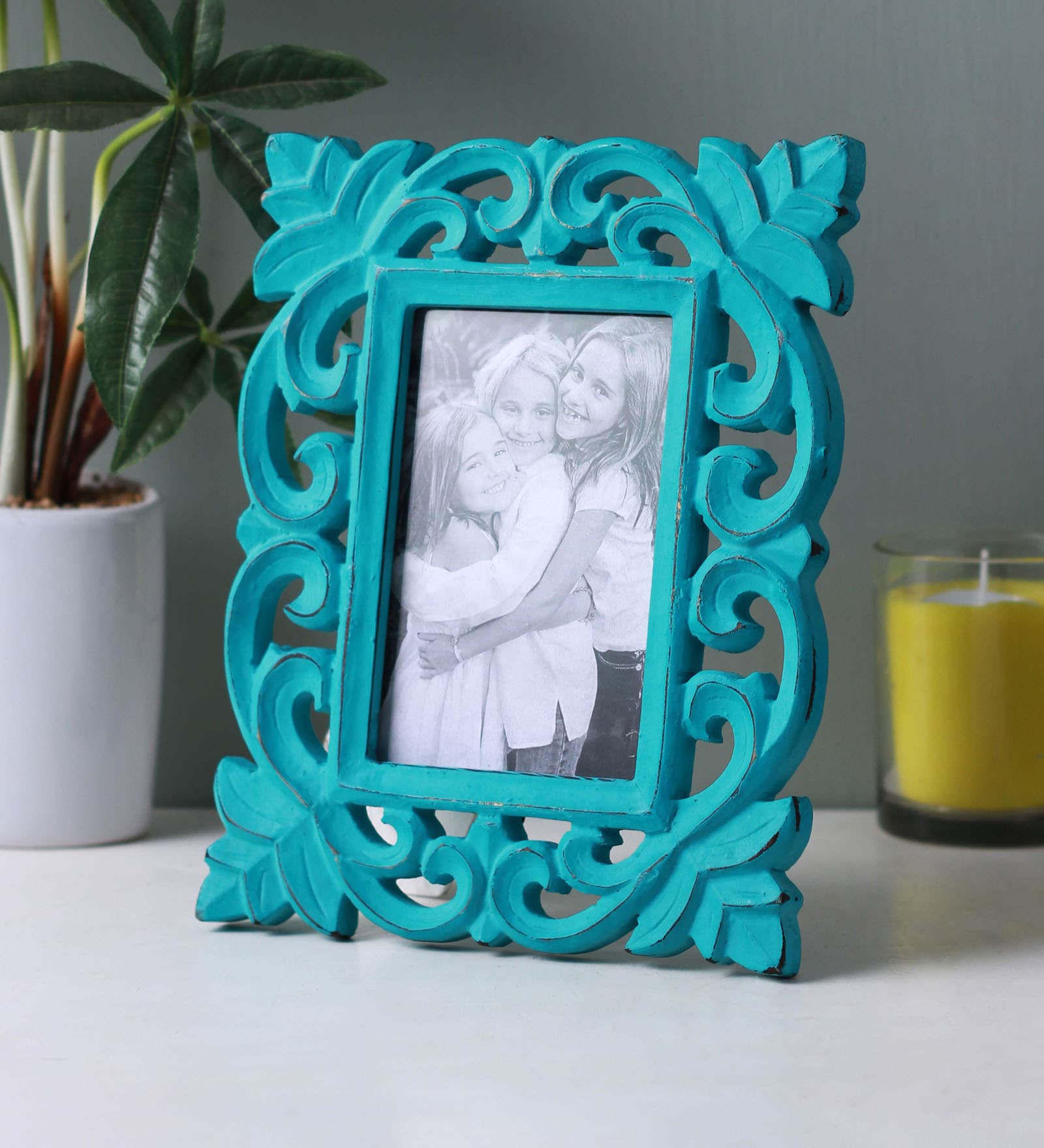 Buy Turquoise Wooden Handcrafted Vertical & Horzontal Table Top Photo Frame By Yatha Online