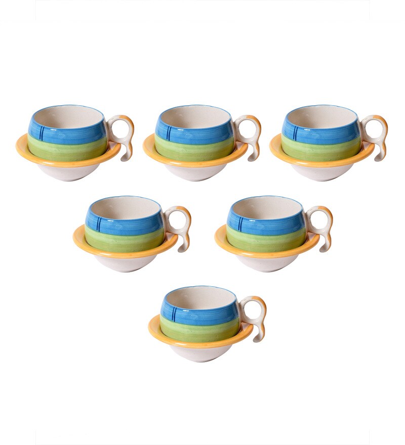 Buy Stoneware 150 ML Tea Cups & Saucers Set of 6 by Unravel India