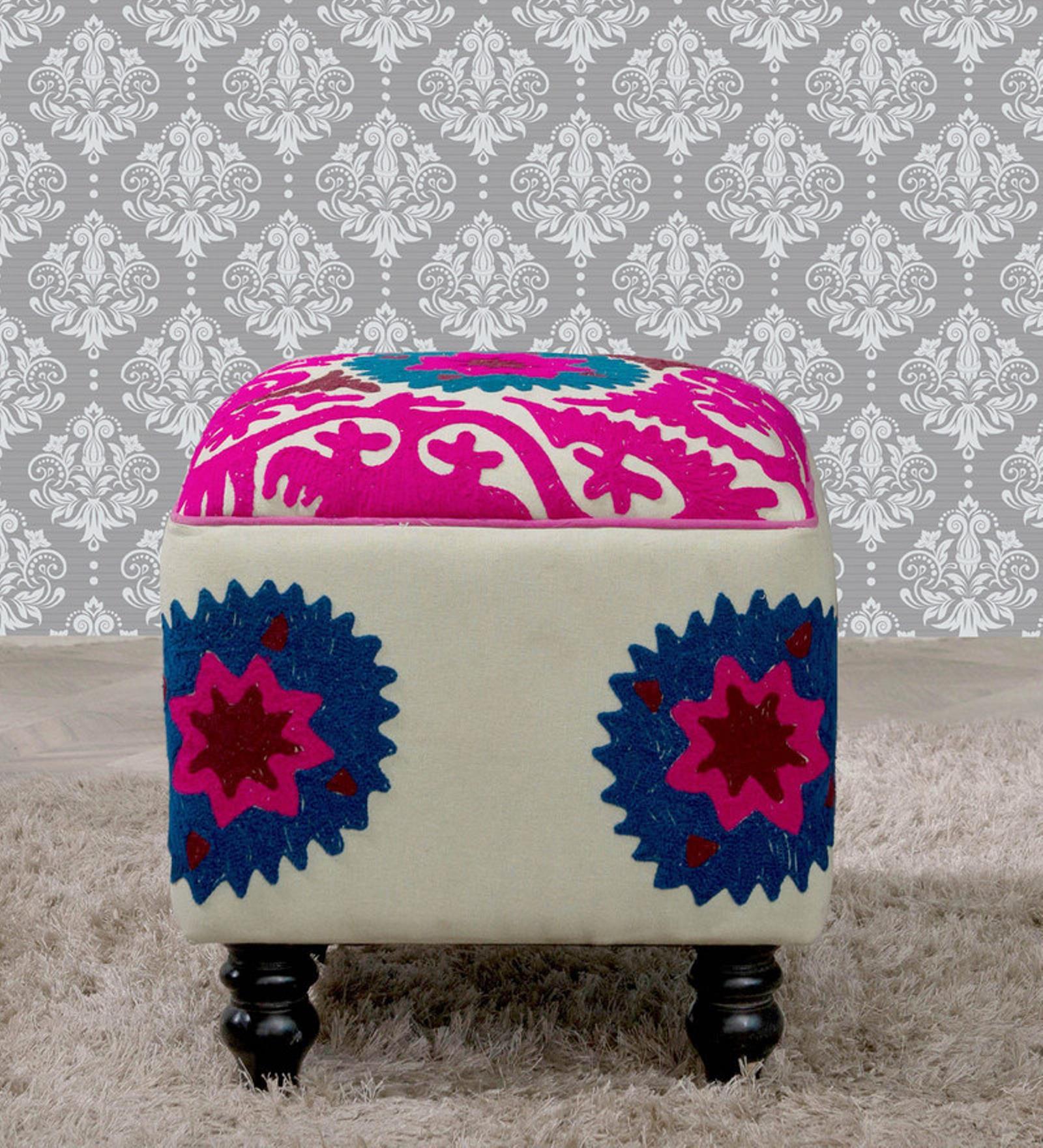Buy Upasri Pouffe with Embroidered Fabric on Rent Online Pouffes