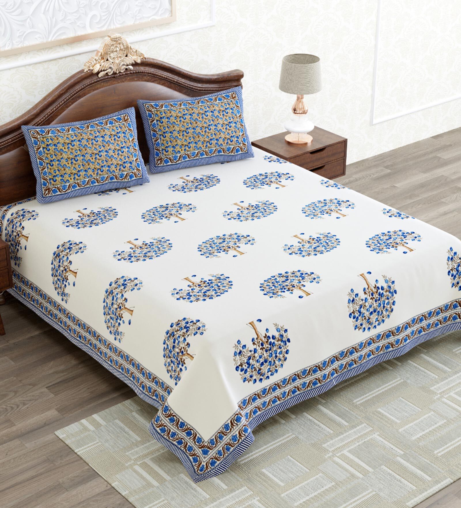 Buy Blue Floral 240 TC Cotton Queen Sized Bed Sheets with 2 Pillow