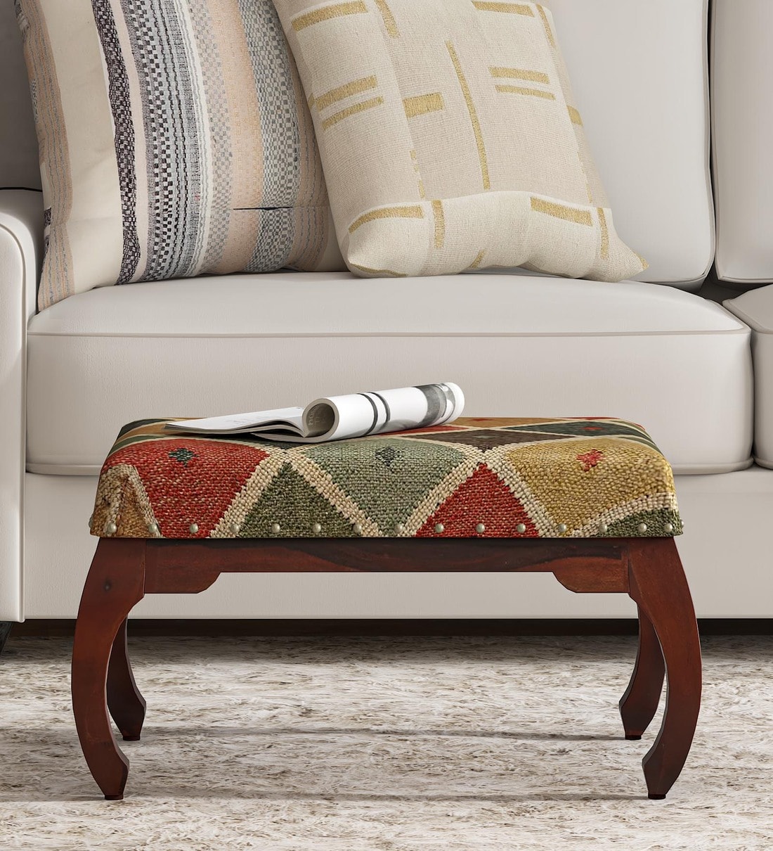 Buy Varnaka Fabric Foot Stool in Honey Oak Online Foot Stools Foot