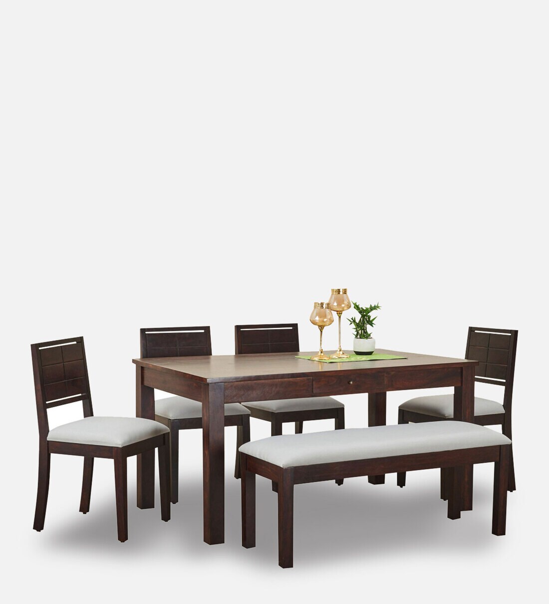 Buy Veda Eden 6 Seater Dining Table Set with Bench in Brown Colour by