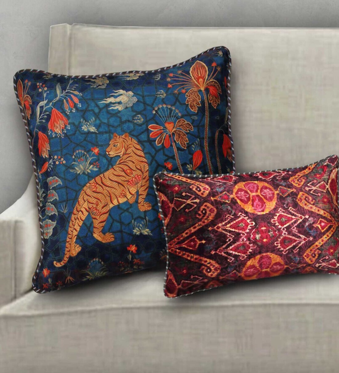 Buy Blue Floral Isfahan Tiger Velvet 18 x 18 Inches Cushion Cover by
