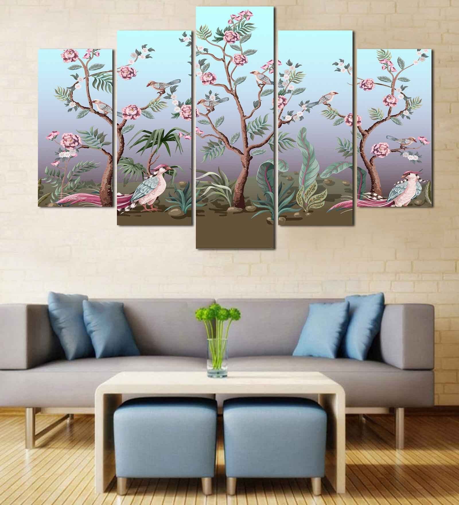 Buy Velvet Laminated Birds and Peonies Set of 5 Wall Art Panels by Wens ...