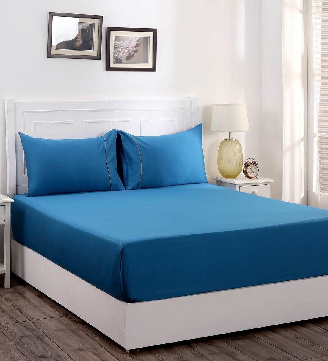 Buy Blue Solid 300 TC 100 Cotton King Sized Bed Sheets with 2 Pillow