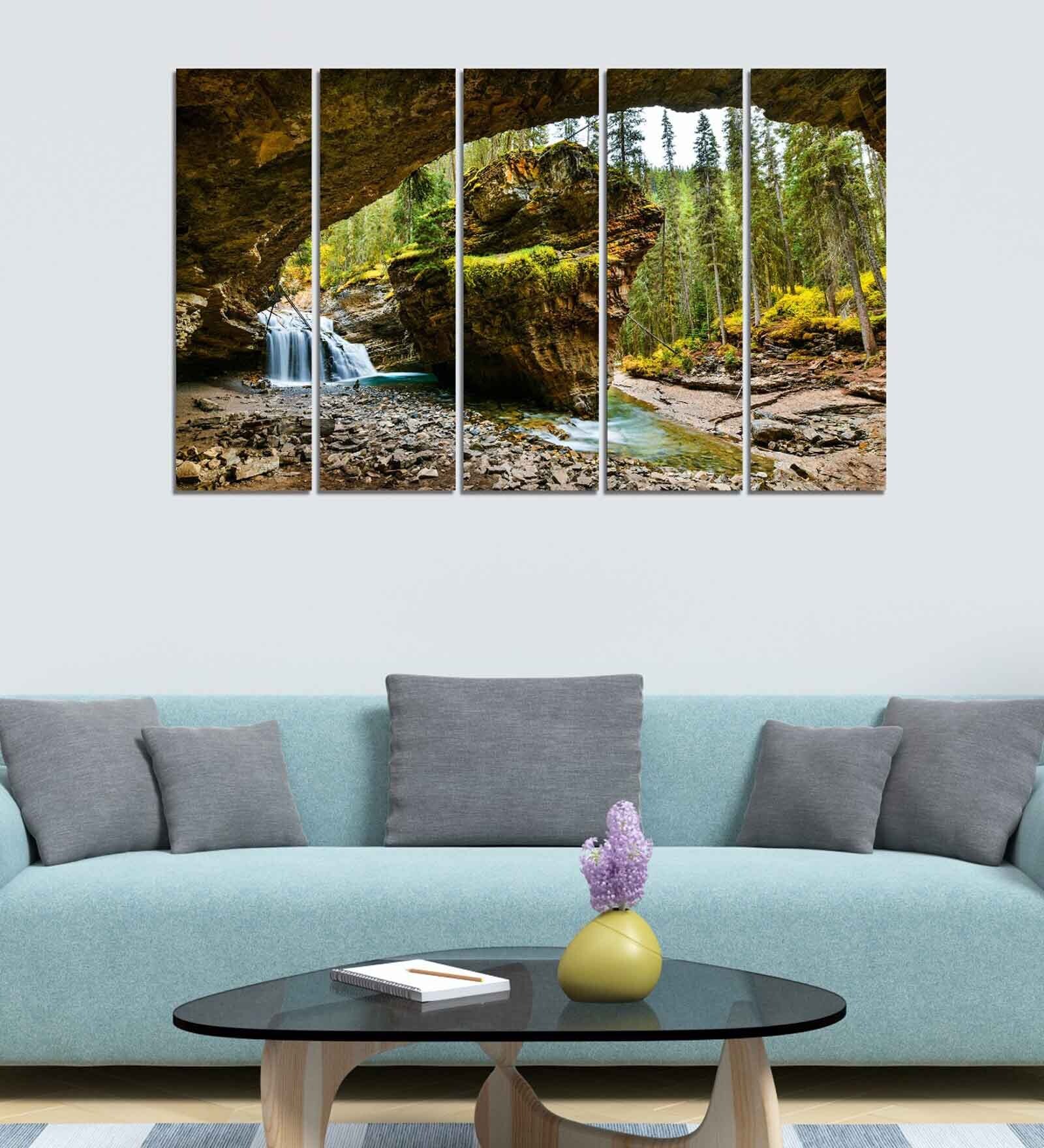 Buy Waterfall In Mountains Wood Framed Velvet Laminated Art Print by