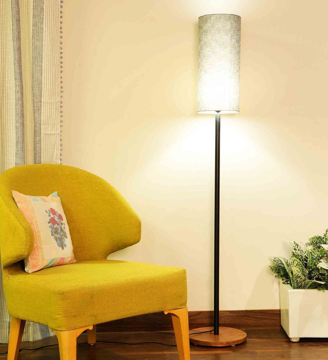 Buy White /Grey Fabric Shade Contemporary Floor Lamp With Gold Base By