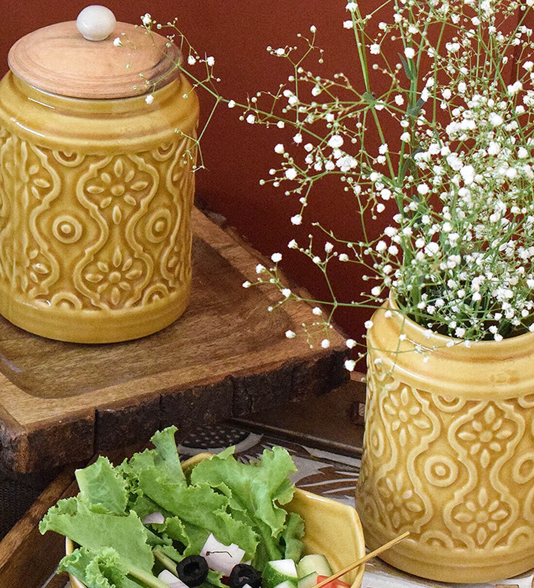 Buy Yellow Ceramic Storage Jar (Set of 2 ) By The Blooming Bagh Online