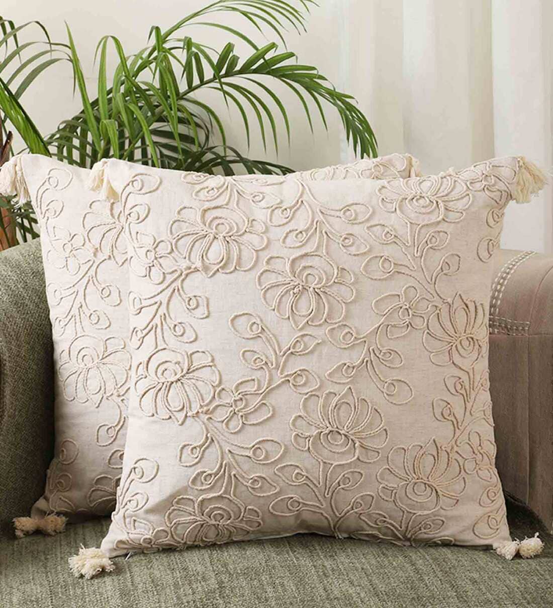 Buy White Textured Cotton 18 x 18 Inch Cushion Covers (Set of 2) by Jamio Firati Online