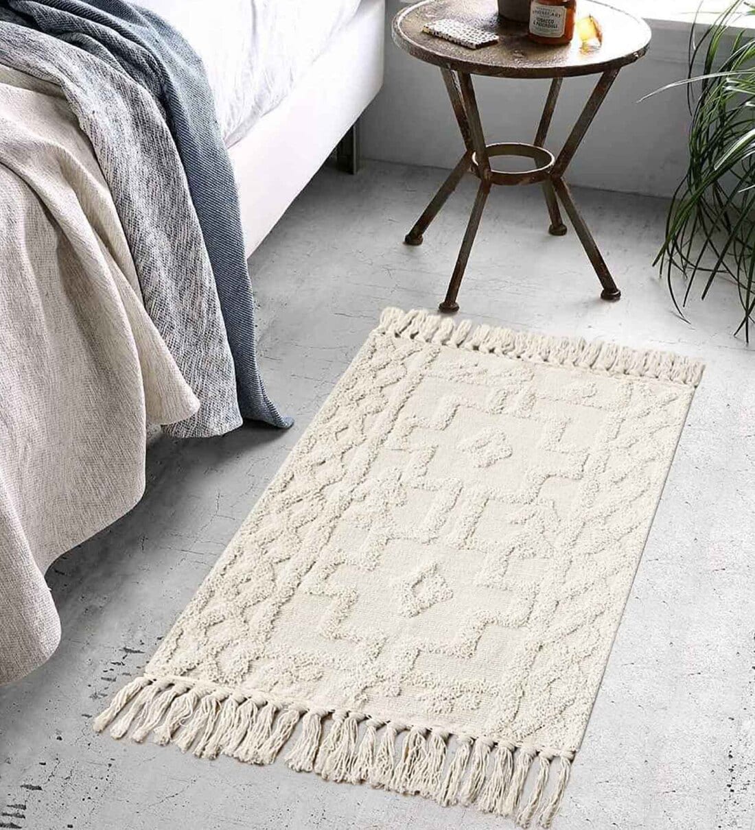 Buy White Cotton 5 ft X 7 ft Hand Woven Dhurrie by The little BIG STORE