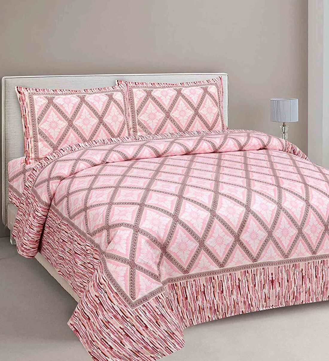 Buy Pink Geometric 240 TC Cotton King Sized Bed Sheets with 2 Pillow
