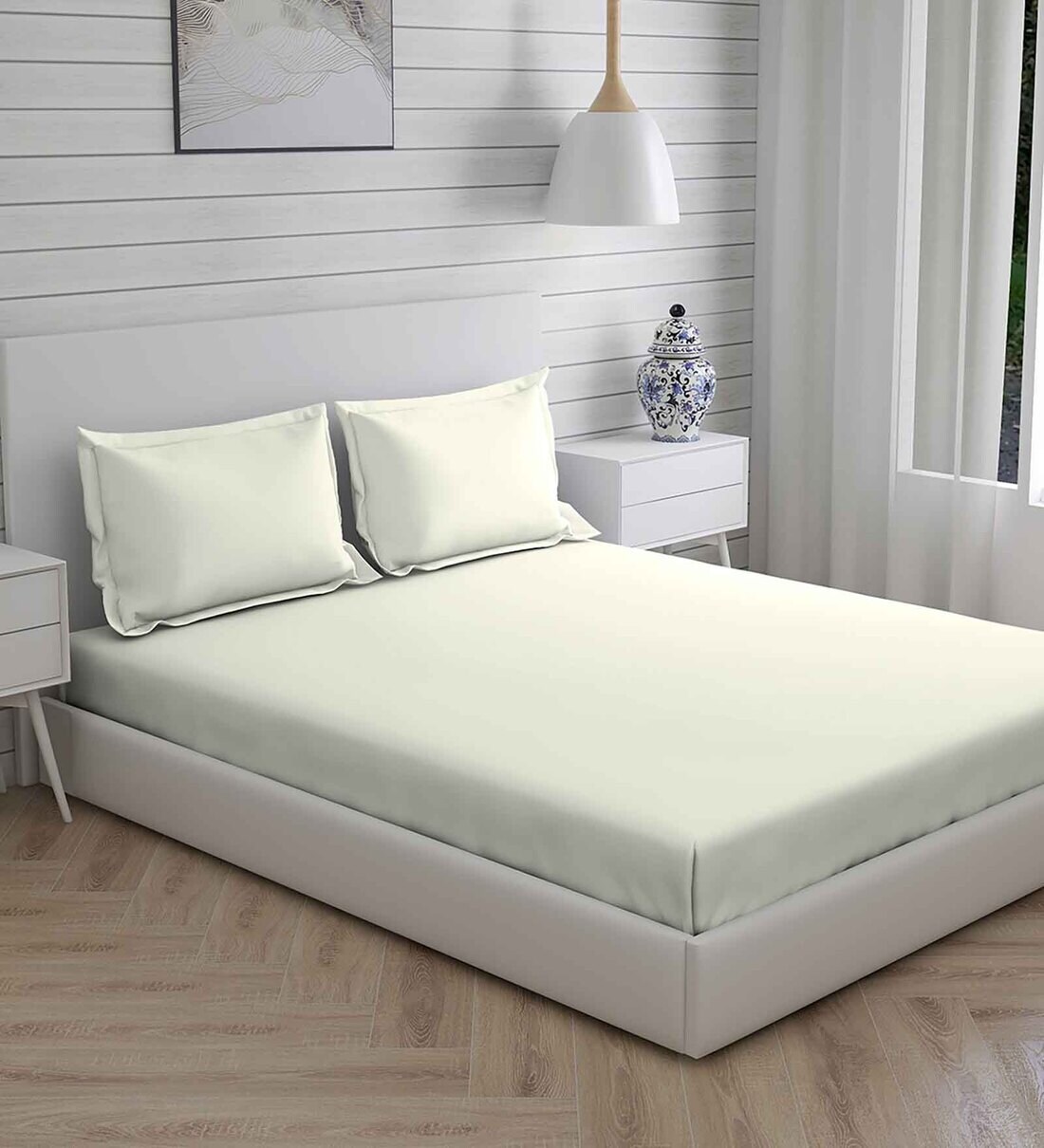 Buy White Solid 300 TC Cotton King Sized Bed Sheets with 2 Pillow