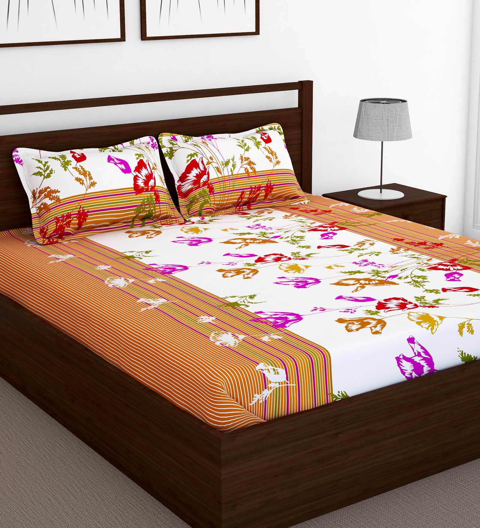 Buy White And Pink Floral 120 Tc 100 Cotton Double Bedsheet With 2 Pillow Cover Candy 6092