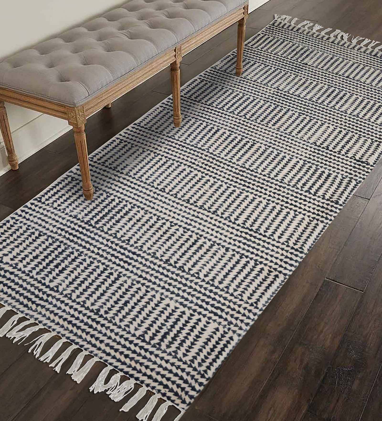 Buy White Cotton Abstract 72x24 Inches Bedside Runner by Potlistudio