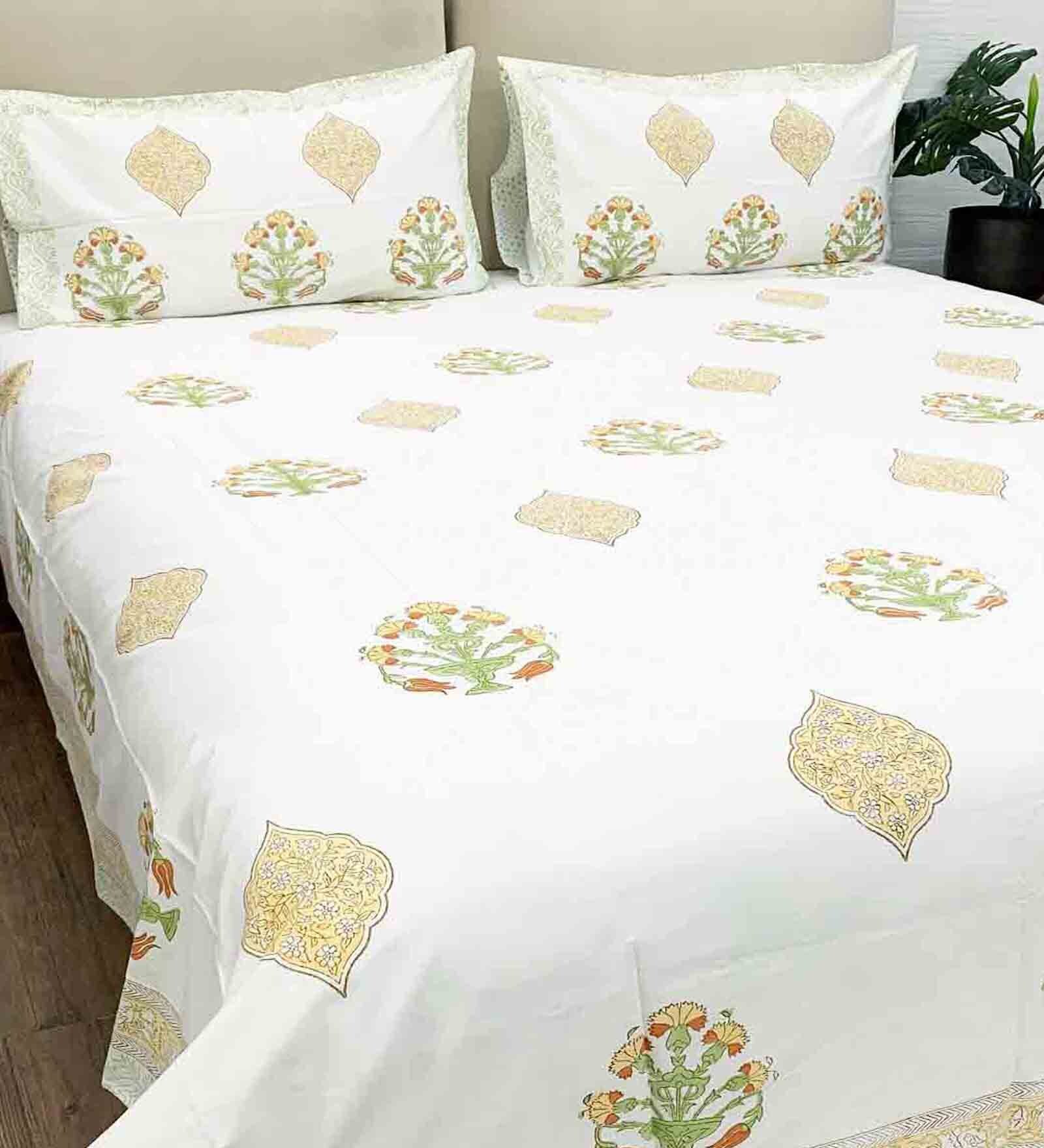 Buy White Floral 300 TC 100 Cotton Double Bed Cover with 2 Pillow