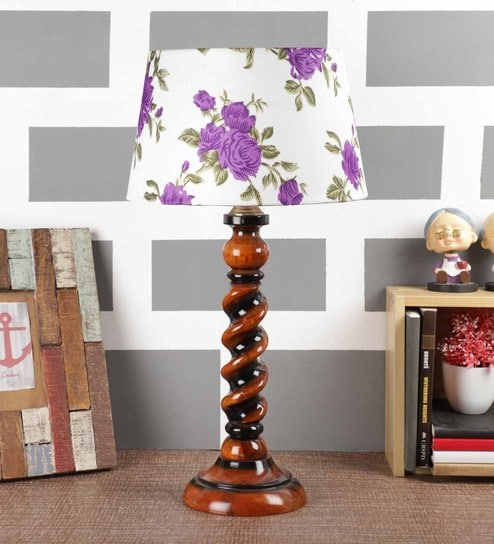 Buy White Purple Fabric Shade Table Lamp With Brown Base By Foziq Online Country Table Lamps Table Lamps Lamps Lighting Pepperfry Product