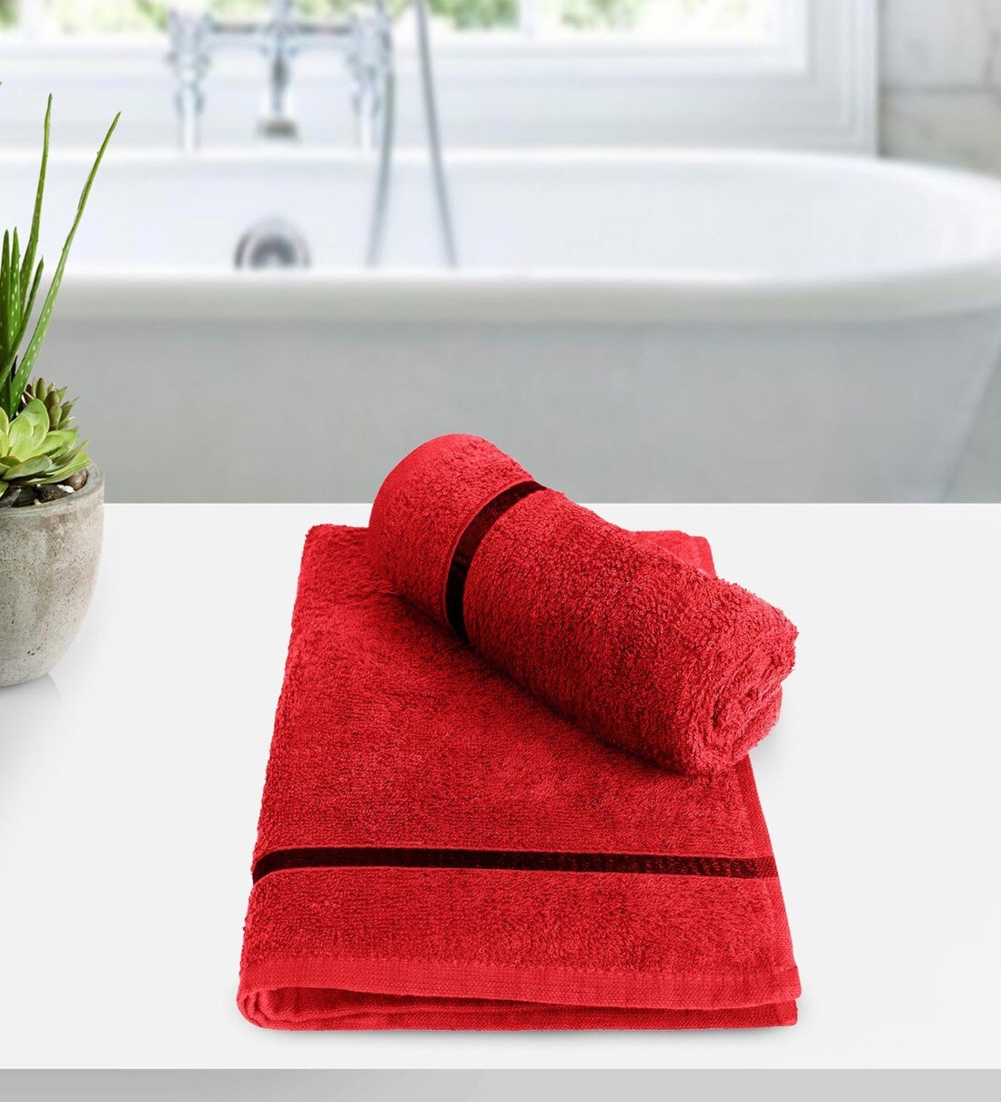Buy Red Solid 450 GSM Cotton Towel Sets (Set of 2) by StoryHome Online