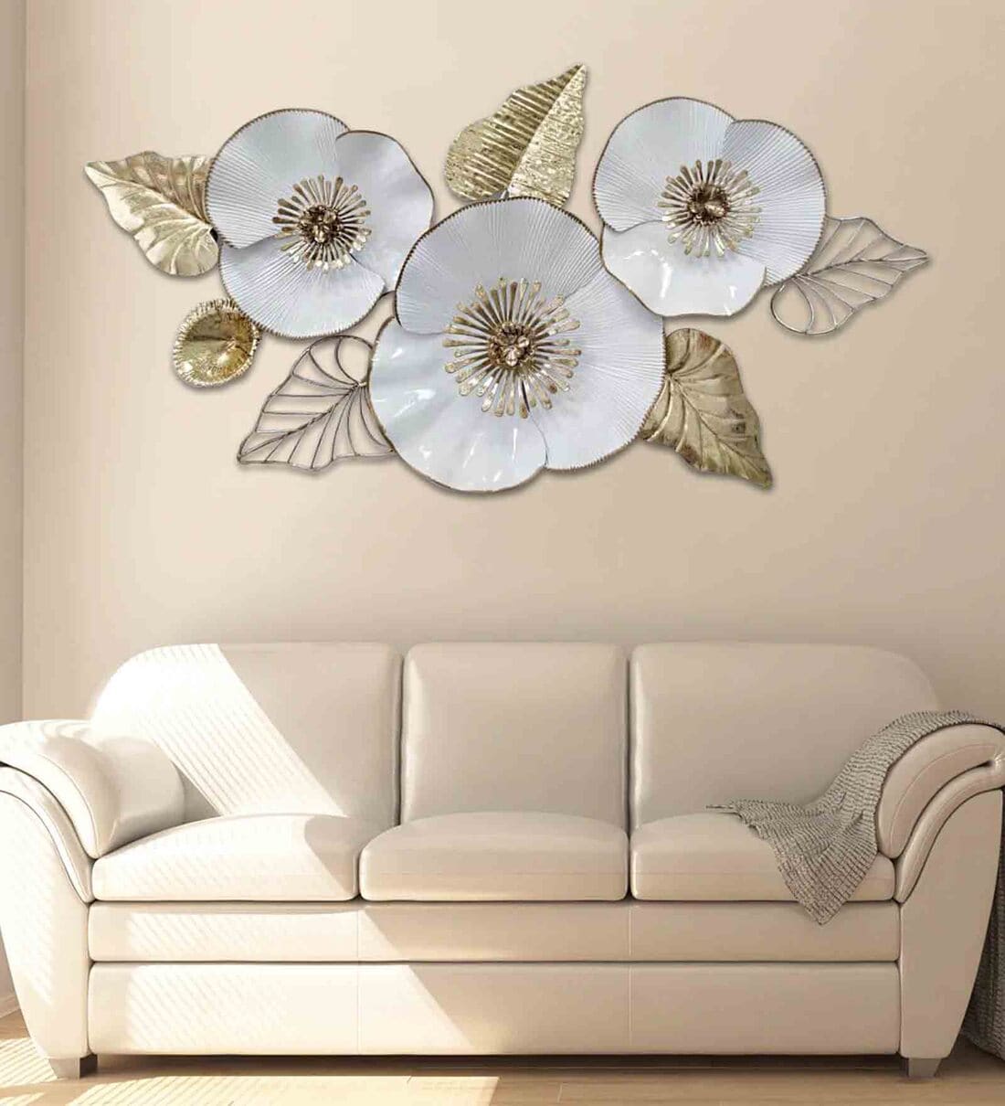 Buy Wonderful Blooms Floral Metal Wall Art in White Colour by Dekor