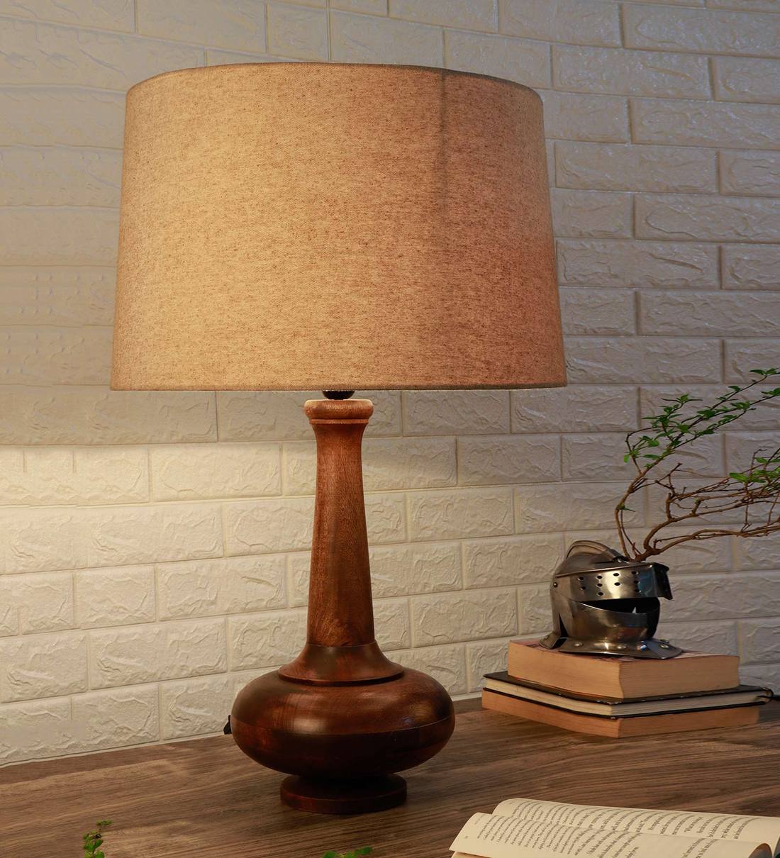 Buy Wood Mace Beige Fabric Shade Table Lamp with Brown Base by Grated ...