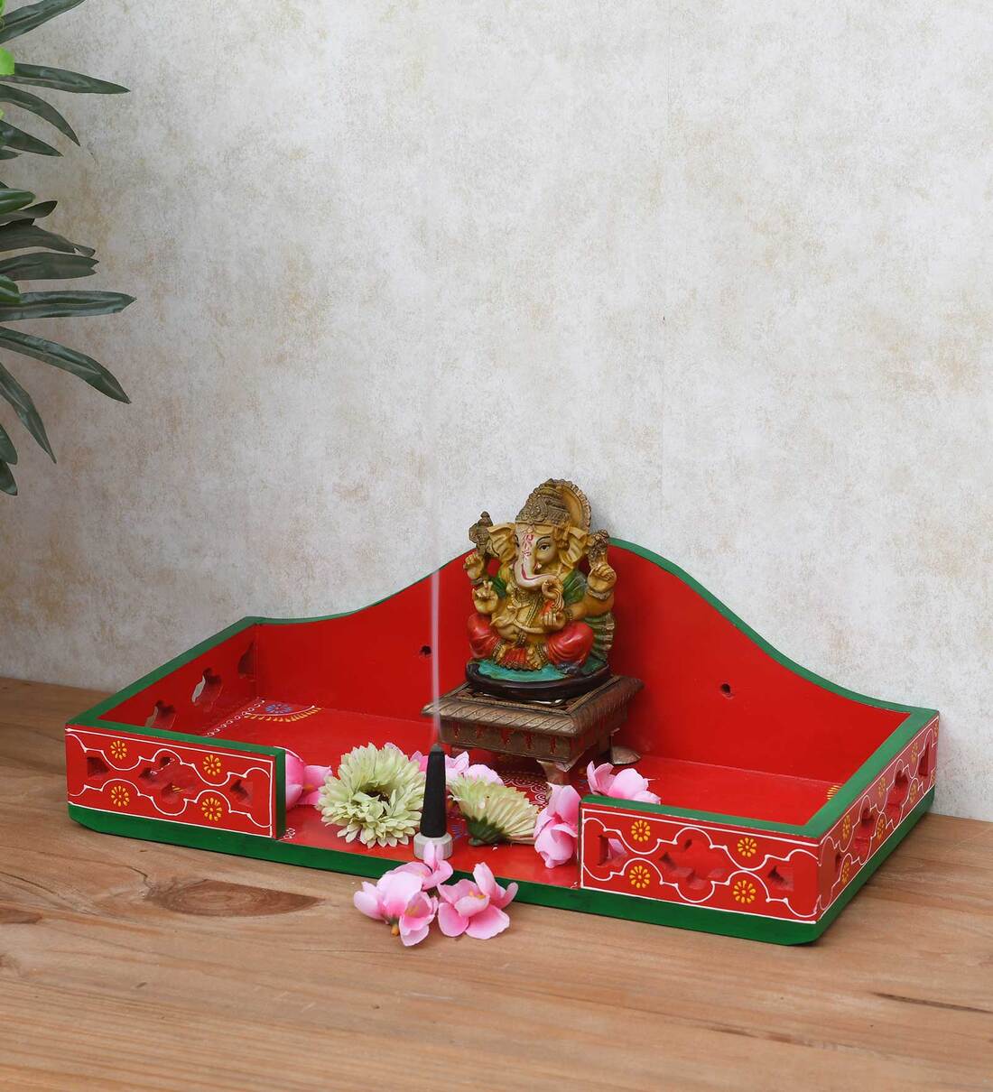 Buy Wooden Hand Painted Pooja Shelf In Multi Colour Finish at 24 OFF