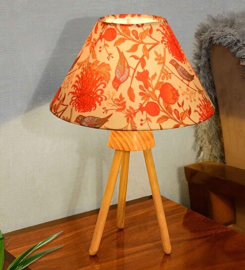 Wood Tripod Small Table Lamps with Linen Beige Lampshade, bird