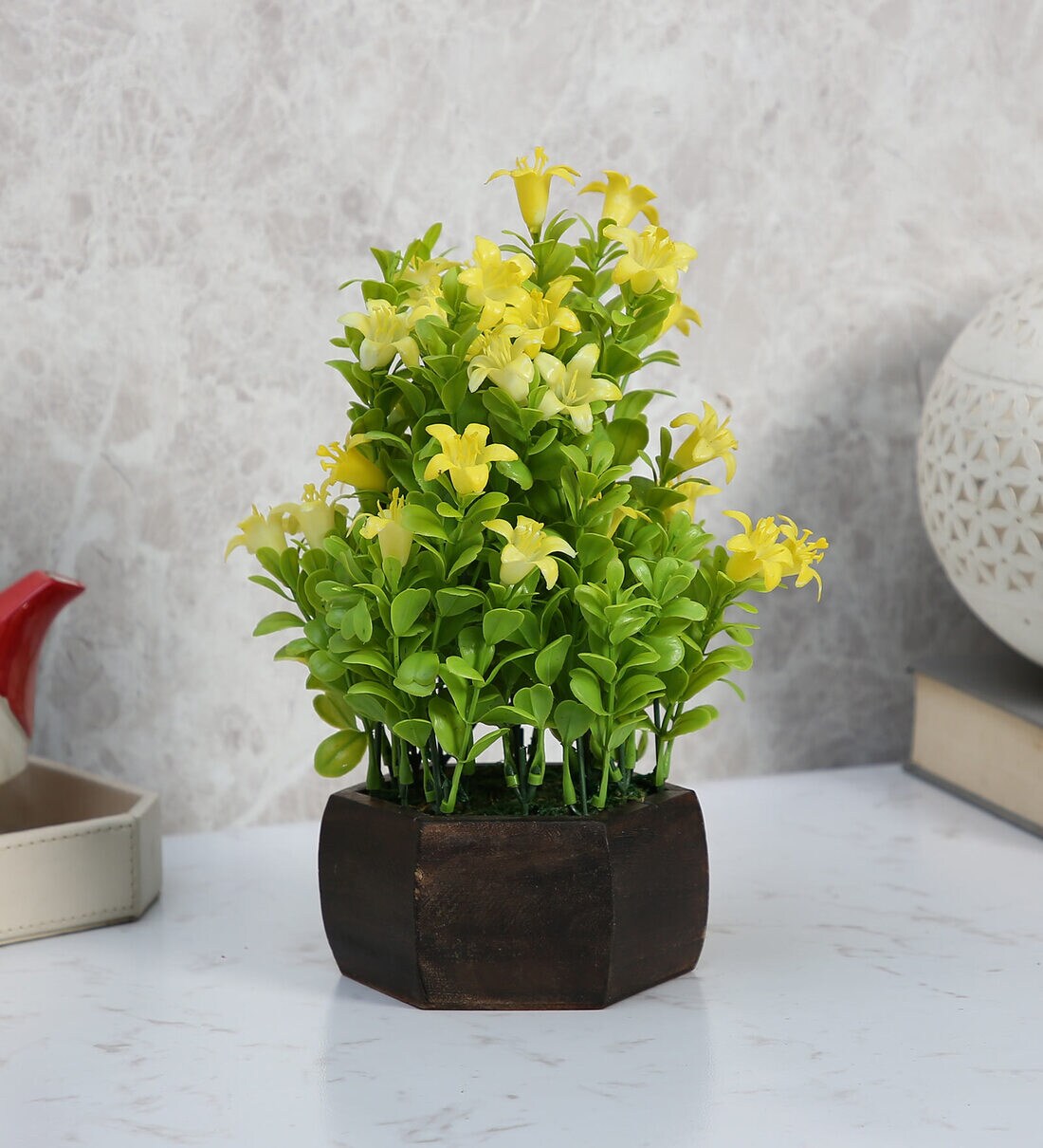 Buy Yellow Polyester Beautiful Bell Flower Artificial Plant With Wooden