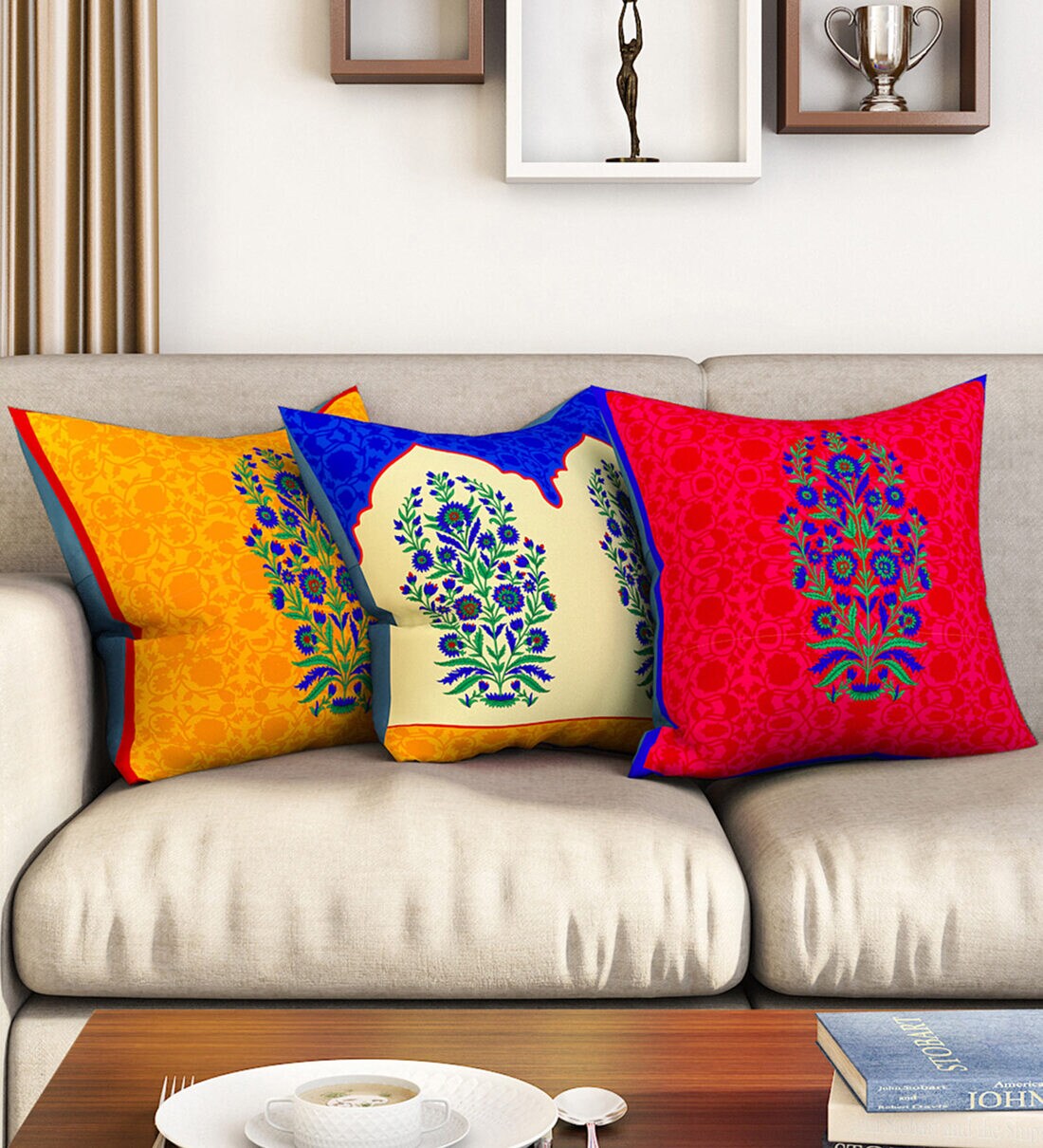 Buy Yellow Traditional Poly Cotton 16 x 16 Inches Cushion Covers (Set of 3) by SEJ By Nisha