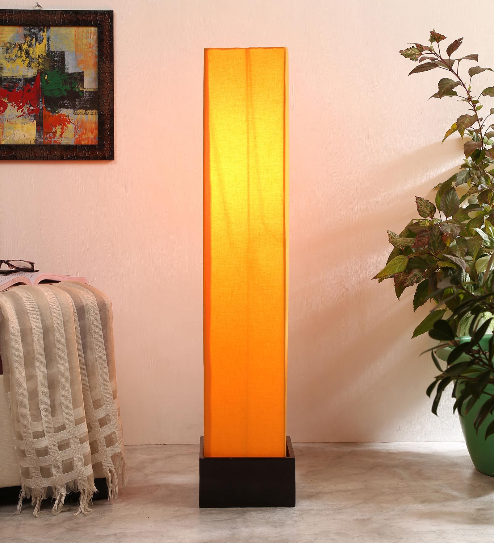 Buy Rhombus Yellow Cotton Shade Column Floor Lamp With Wood Base By New