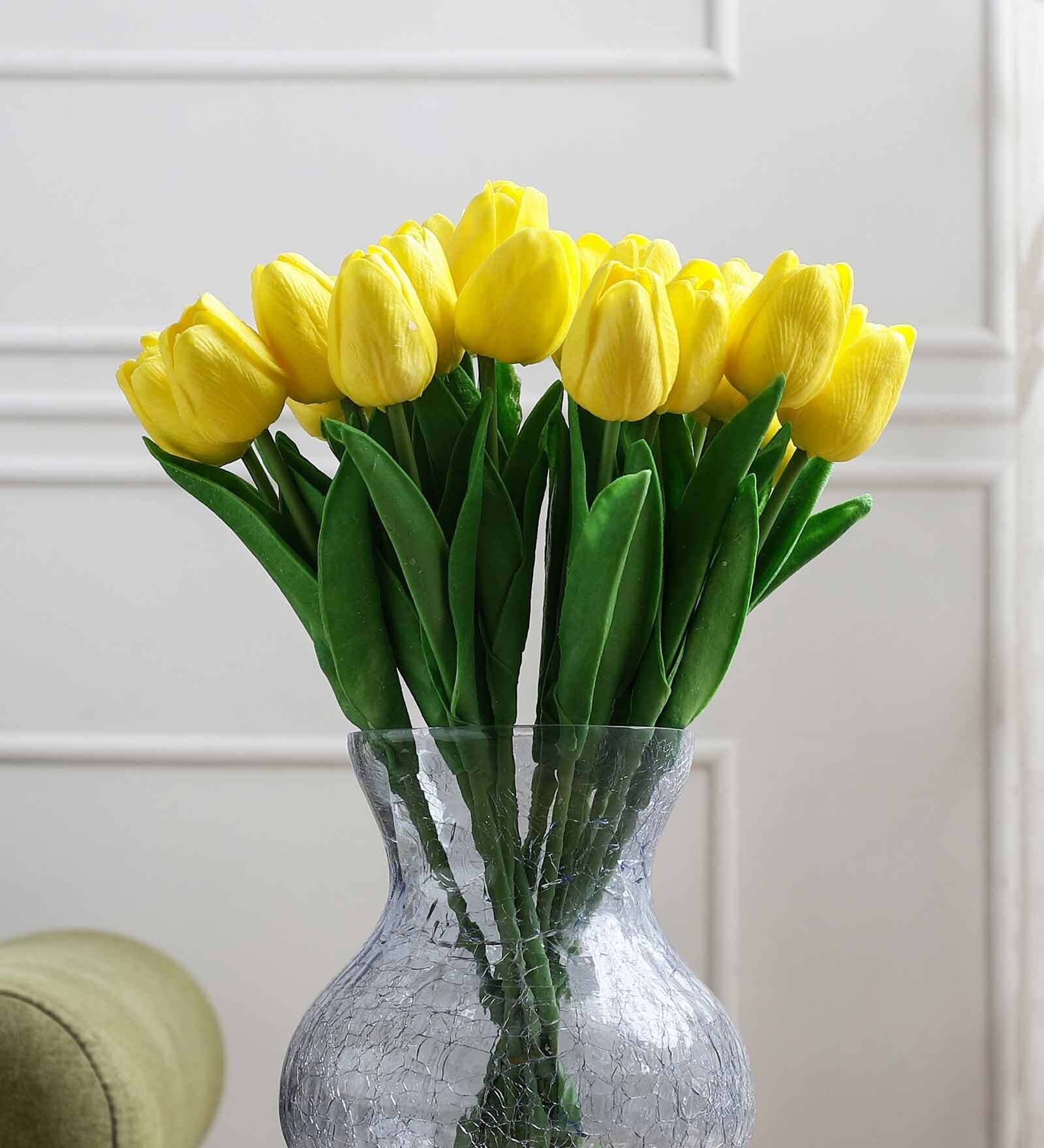 Buy Yellow Plastic Artificial Tulip Flower Without Pot, Set of 10 by