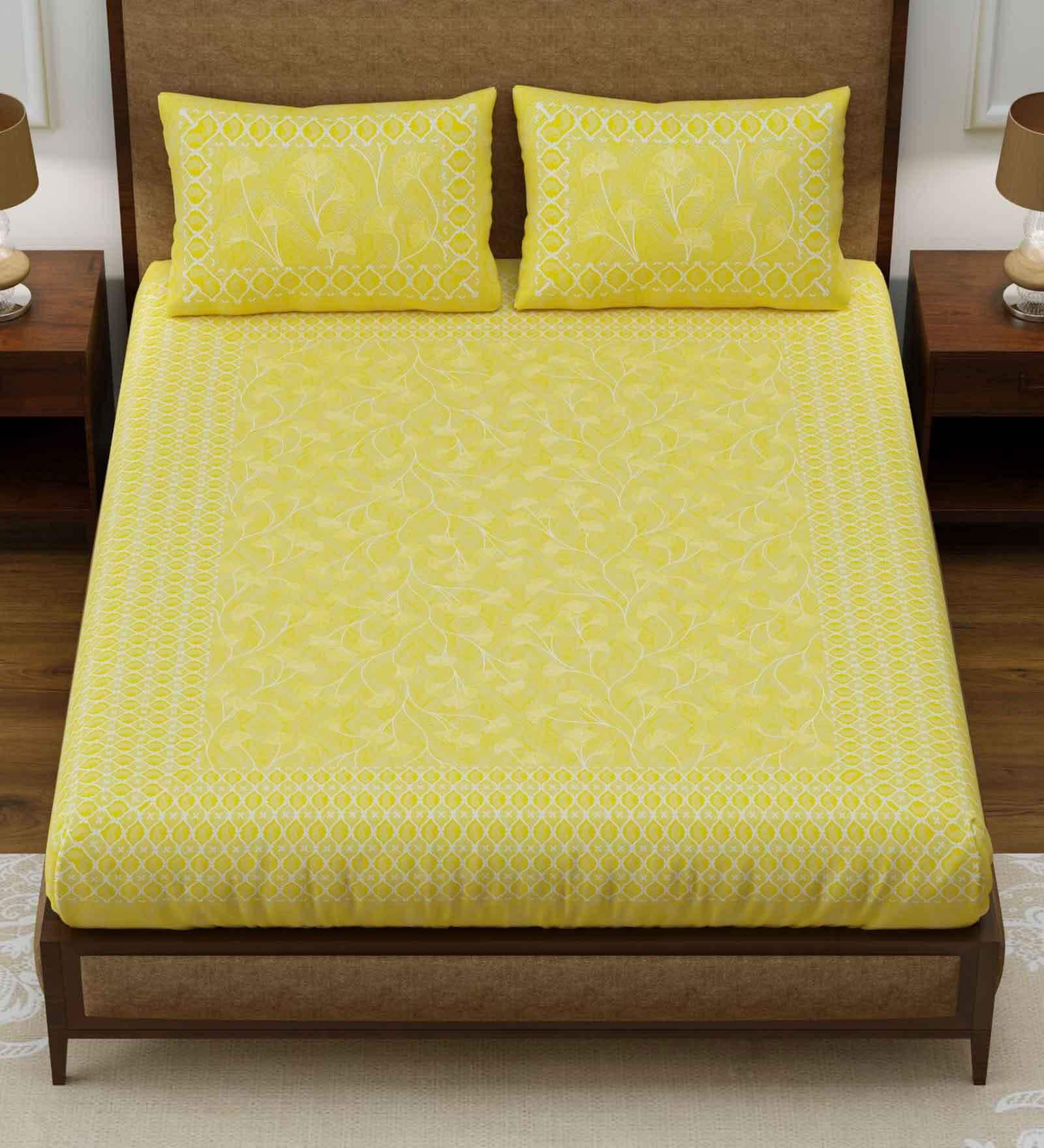 Buy Yellow Floral 144 TC 100 Cotton King Sized Bed Sheets with 2 Pillow Covers by UniqChoice