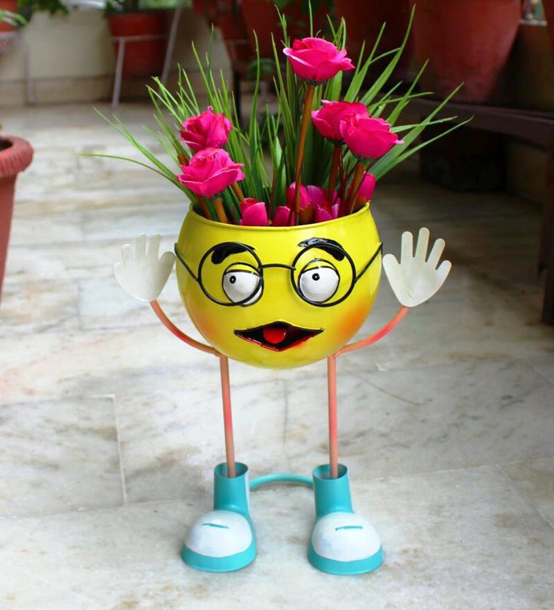 Buy Yellow Metal Smiley Garden Pots For Home Decor Set Of 2 By