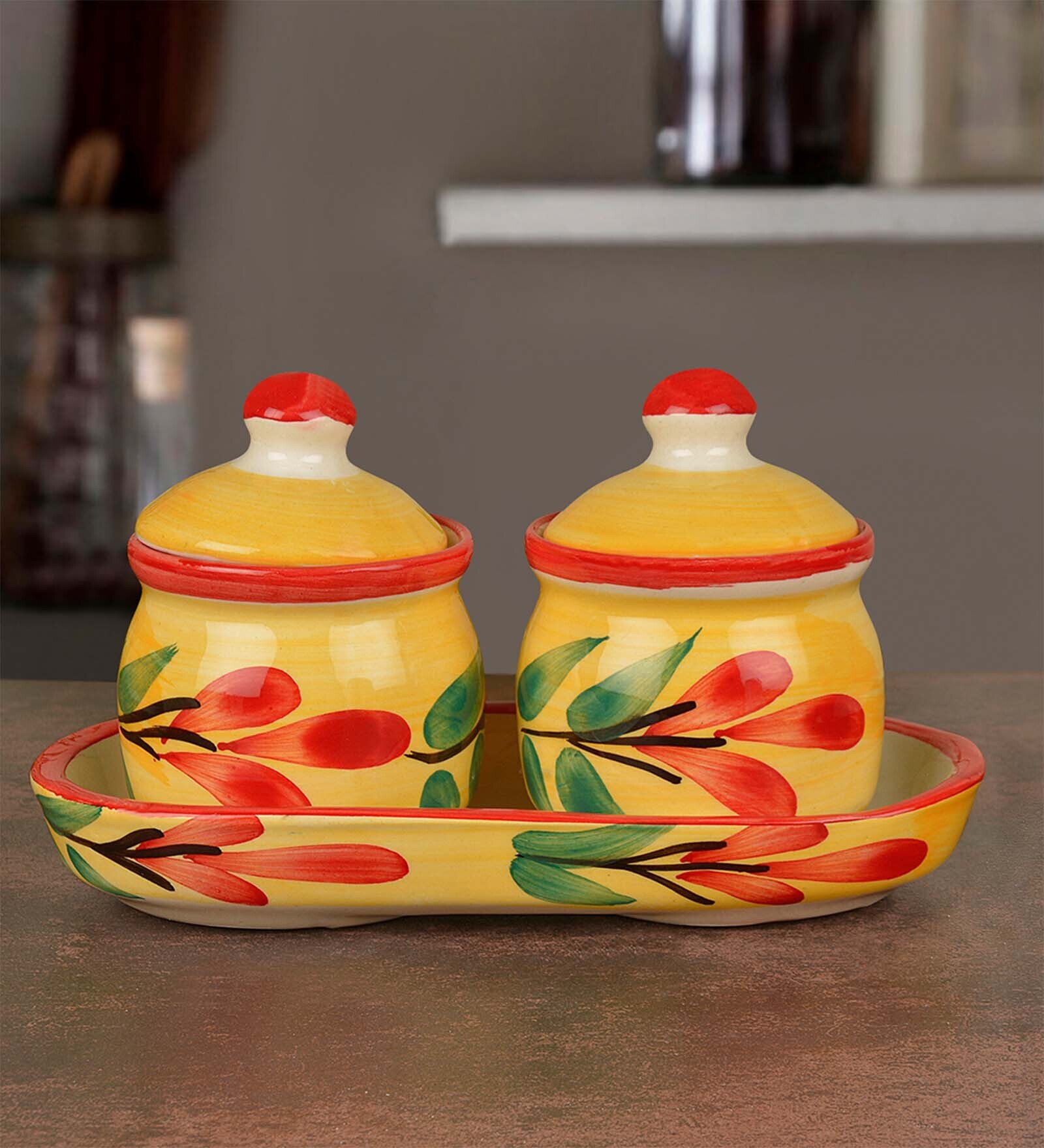 Buy Zeel 200ml (Set of 2) Ceramic Pickle Jar Set with Tray by